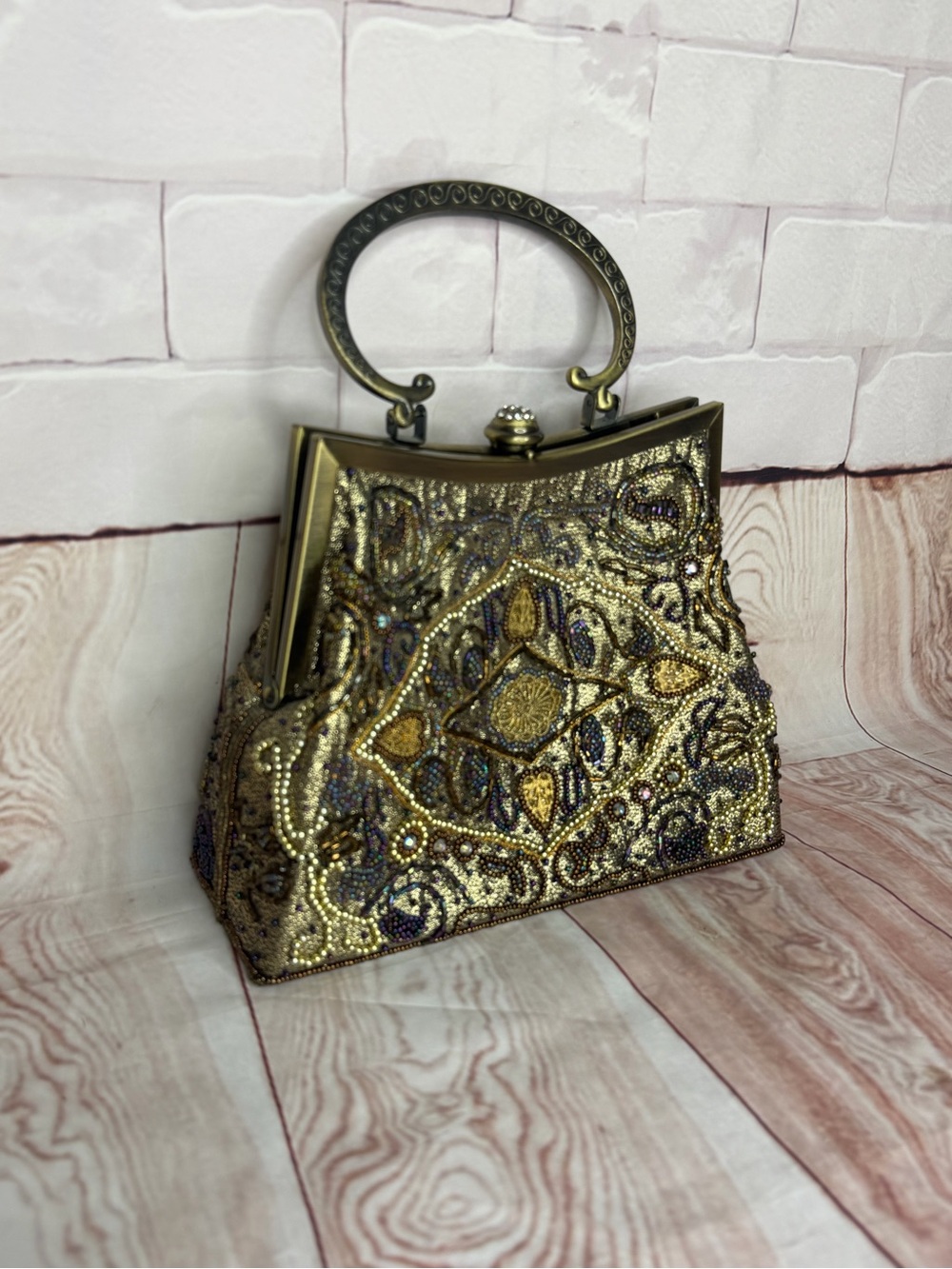 Beaded Embroidered Evening Bag Antique Gold Metal Handle Boho Glam